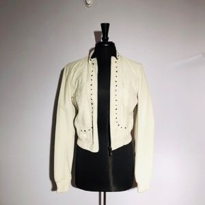LEATHER LOOK JACKET ZIP NAILHEAD WHITE SMALL EUC